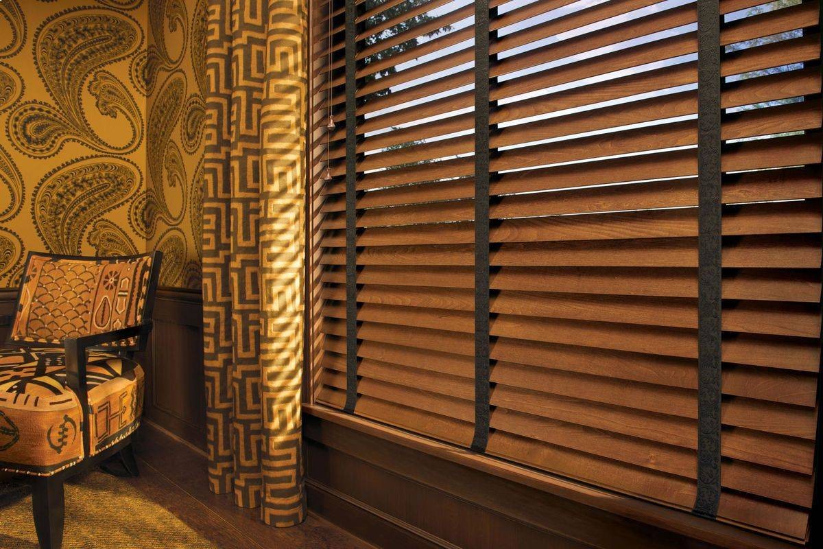 Hunter Douglas Parkland® Wood Blinds decorating and warming up a home interior near Anchorage, AK